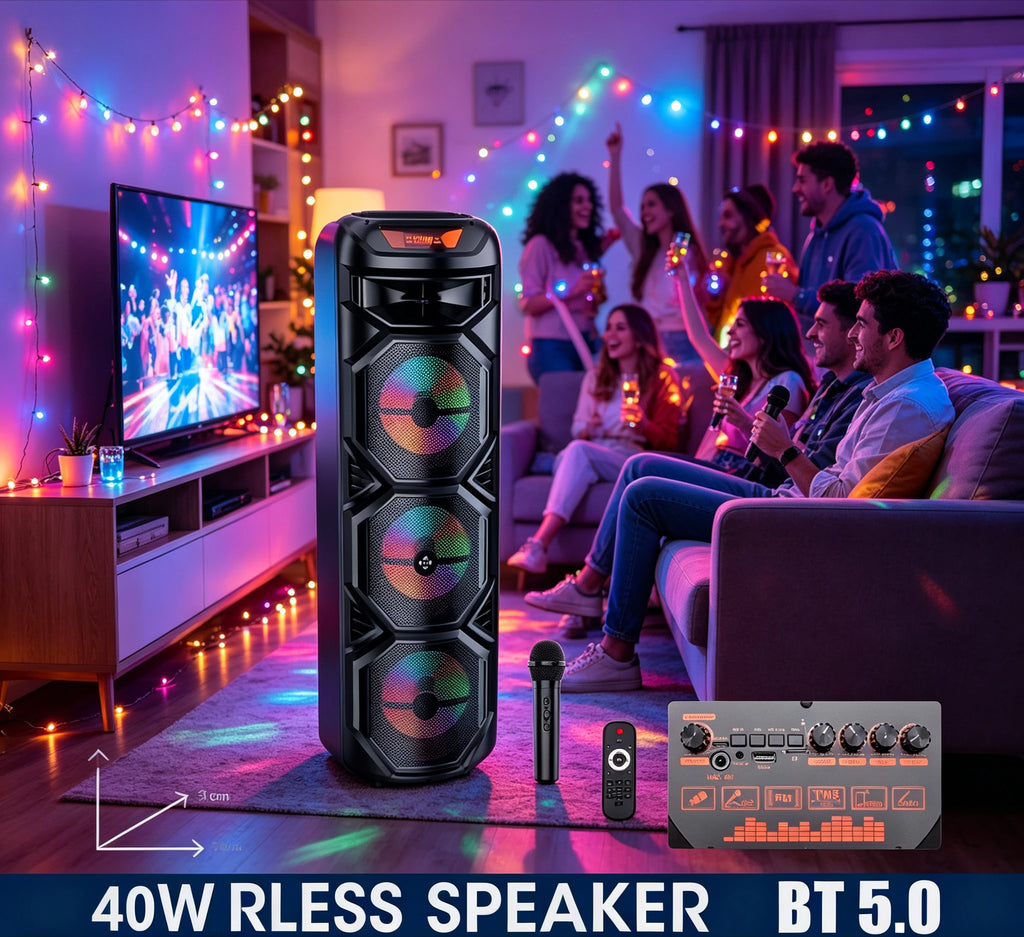 Altavoz Bluetooth Inalámbrico de 40W, Sistema de Karaoke con Bajos Profundos de 3x8 Pulgadas, Micrófono Inalámbrico, Luz RGB, Recargable, Caja de Sonido para Fiestas al Aire Libre