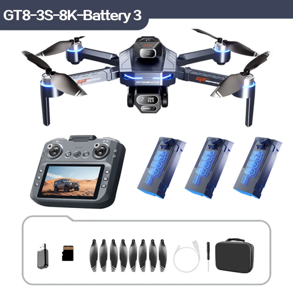 Dron cuadricóptero con cámara y luces azules, control con pantalla y kit de accesorios