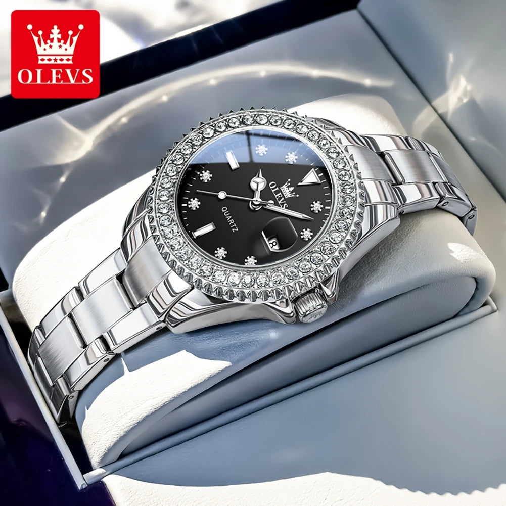 Relojes originales elegantes para mujer OLEVS 9945, reloj de cuarzo, resistente al agua, luminoso, con fecha automática, reloj para dama, regalo, bisel con diamantes