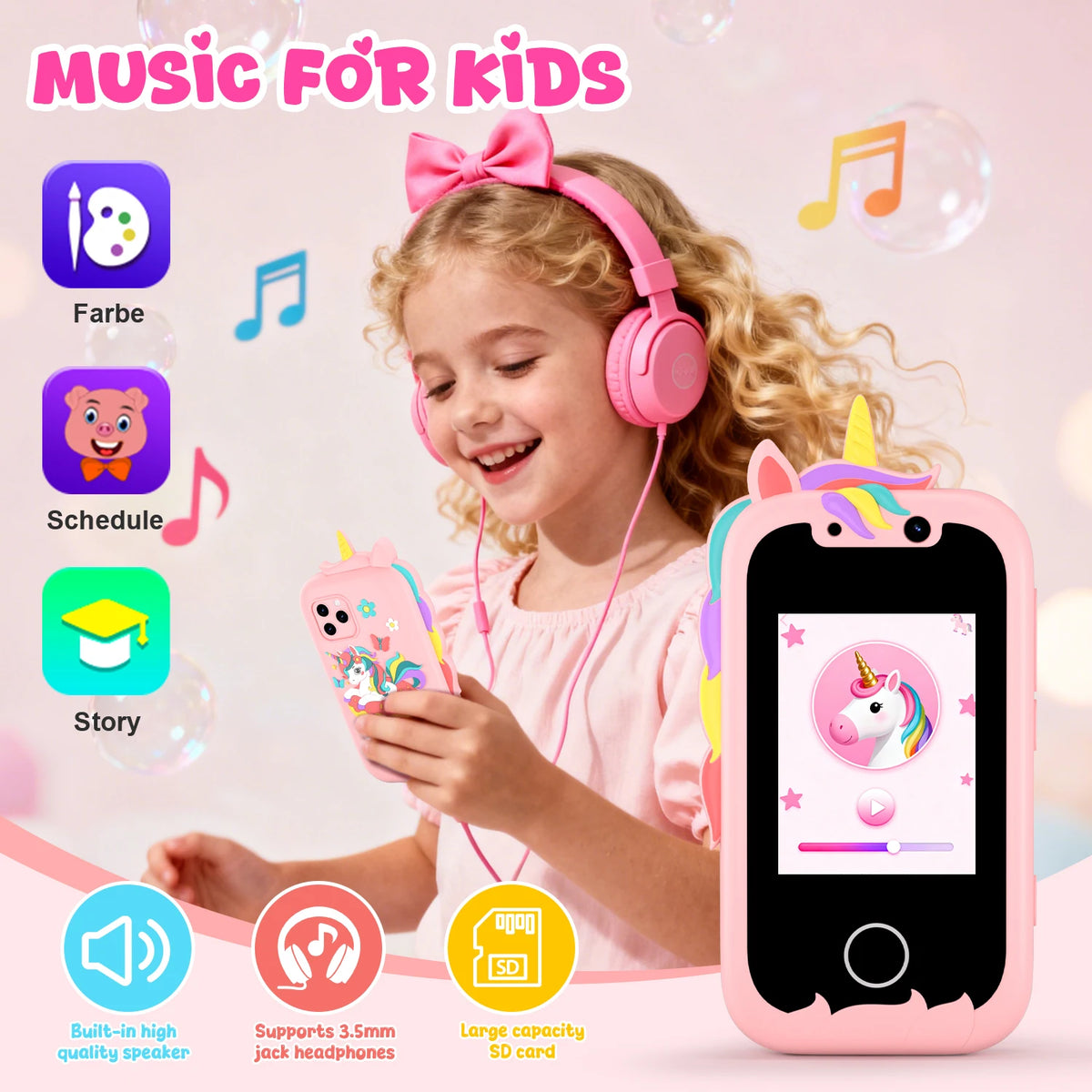 Unicorn Kids Pretend Smart Phone Touch Screen Learning Toy with Camera Music Games for Toddler Girls