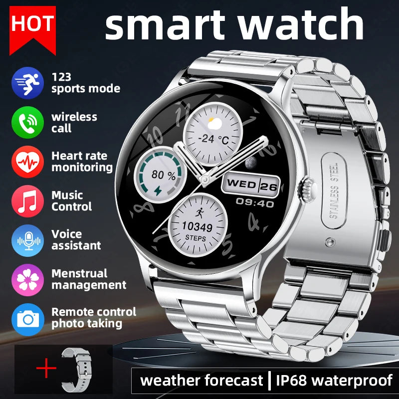 Nuevo reloj inteligente de acero para hombre, llamada Bluetooth, pantalla táctil completa, frecuencia cardíaca, monitoreo de sueño, resistente al agua, reloj inteligente deportivo para mujer