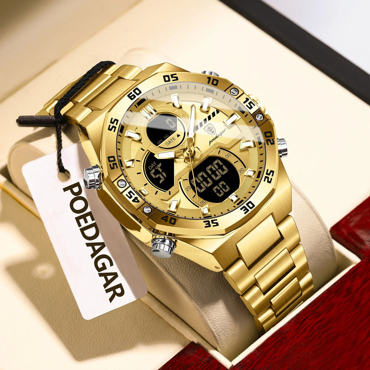 Reloj para hombre POEDAGAR de cuarzo, LED, luminoso, resistente al agua, con fecha y día, de acero inoxidable, a la moda, militar, digital.