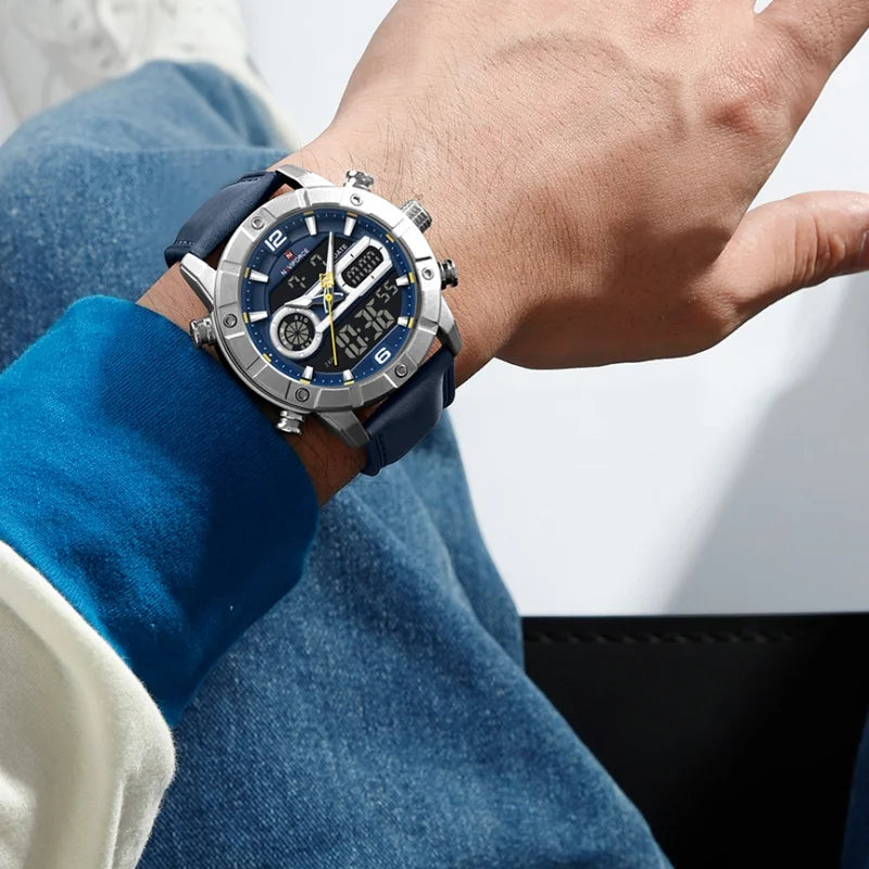 Reloj para hombre NAVIFORCE NF9263 con correa de cuero genuino, cronógrafo, alarma, pantalla luminosa resistente al agua, reloj para hombre con correa de cuero genuino