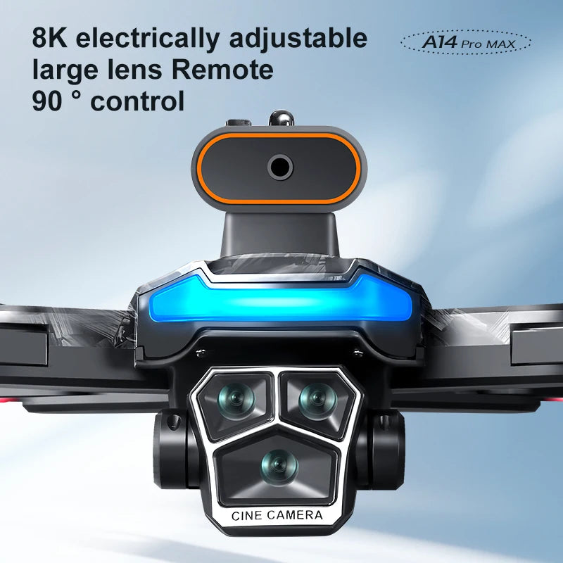 Dron RC visto de frente, módulo de cámara triple y sensor frontal