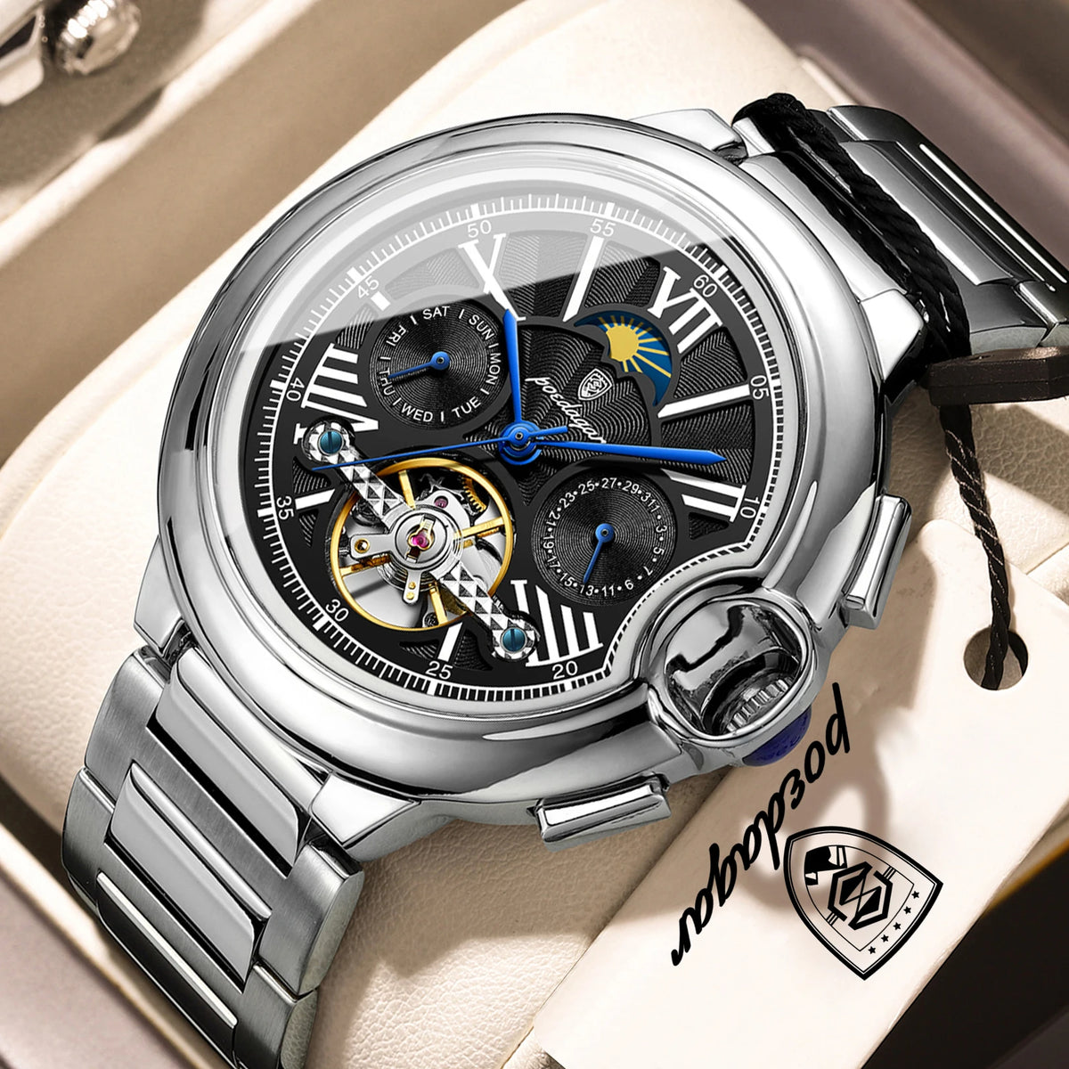 Reloj mecánico automático de lujo para hombre POEDAGAR, con fecha, semana, tourbillon, correa de piel, resistente al agua y diseño de negocios.