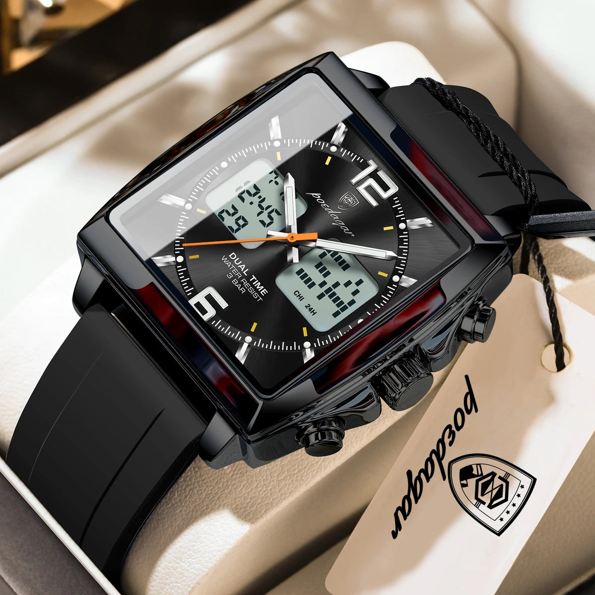 Reloj de pulsera para hombre POEDAGAR Fashion Square, cronógrafo de cuarzo con alarma LED, fecha y día, reloj militar electrónico
