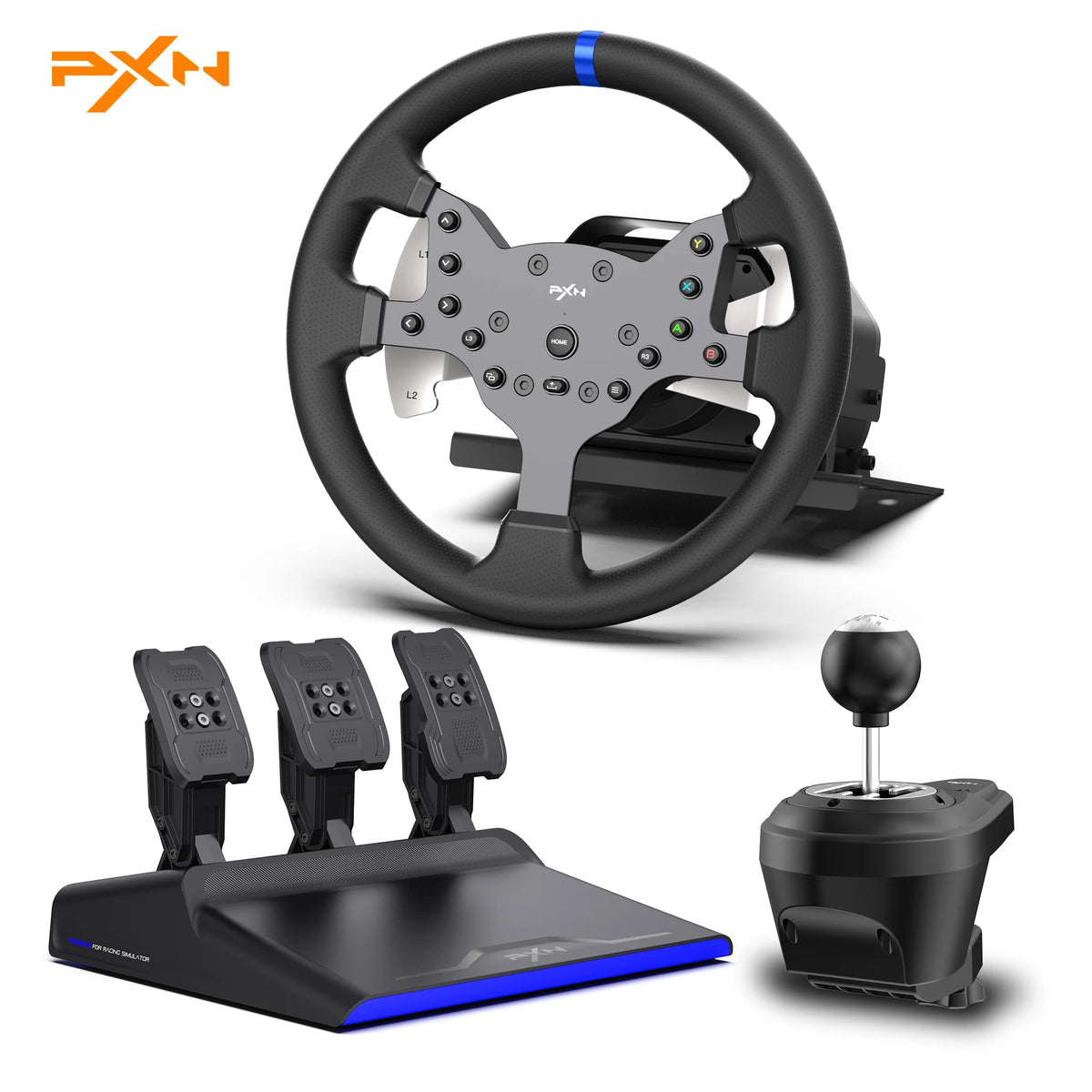 Volante de carreras para PC PXN V99 con Force Feedback real, pedales, palanca de cambios y volante de juego desmontable de 270/900 grados