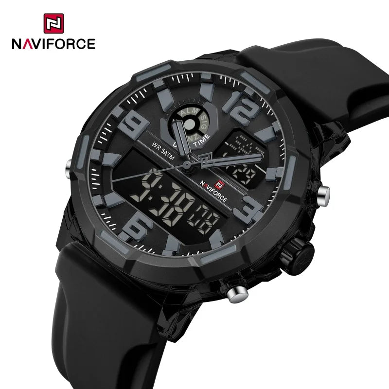 Reloj deportivo para hombre NAVIFORCE, doble hora, resistente al agua 5ATM, esfera grande, reloj de pulsera analógico-digital con cronómetro, alarma y correa de silicona