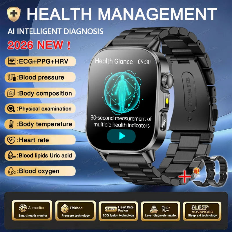 Nuevo reloj inteligente para hombres con diagnóstico de salud preciso ECG, presión arterial, oxígeno en sangre, grasa en sangre, ácido úrico, temperatura y llamadas Bluetooth