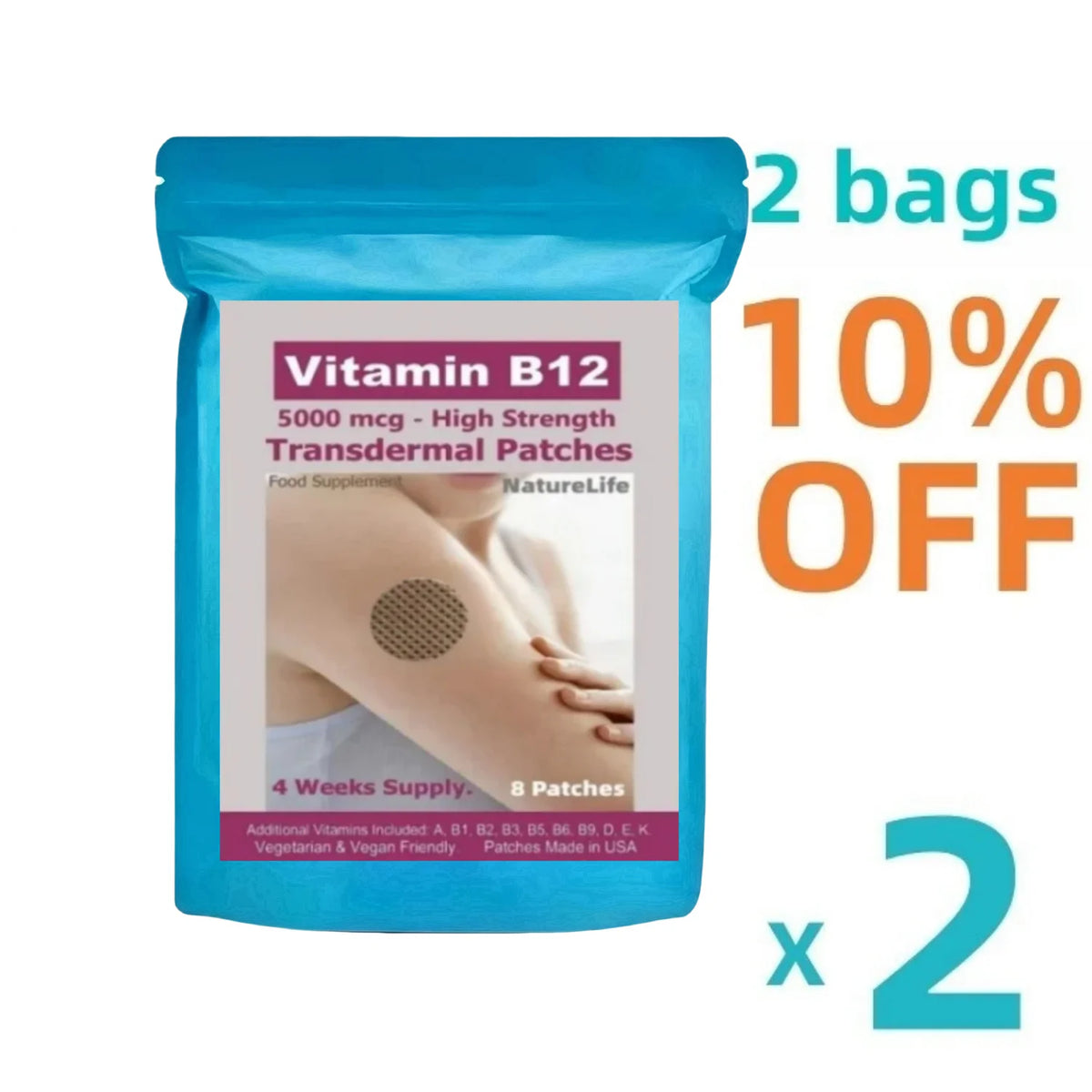 Parches transdermicos de vitamina B12 (alta resistencia), con vitaminas B2, B6 - Apoya la producción energética, la función cerebral y el metabolismo