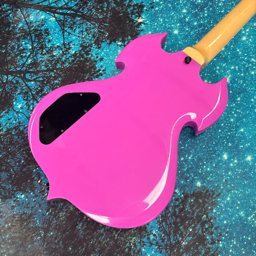 Guitarra eléctrica morada, diapasón de palisandro con incrustaciones de abulón y nácar, 22 trastes, pastillas de doble bobina.