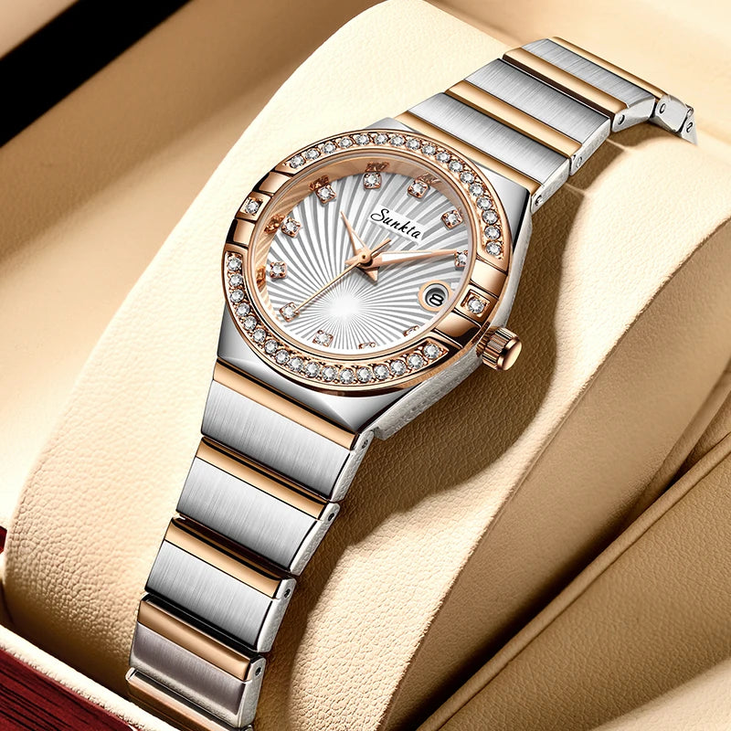 Reloj de mujer Sunkta LIGE de moda, lujo, elegante, retro, con diamantes, sencillo, de acero inoxidable, resistente al agua, casual, con calendario, de cuarzo para mujer
