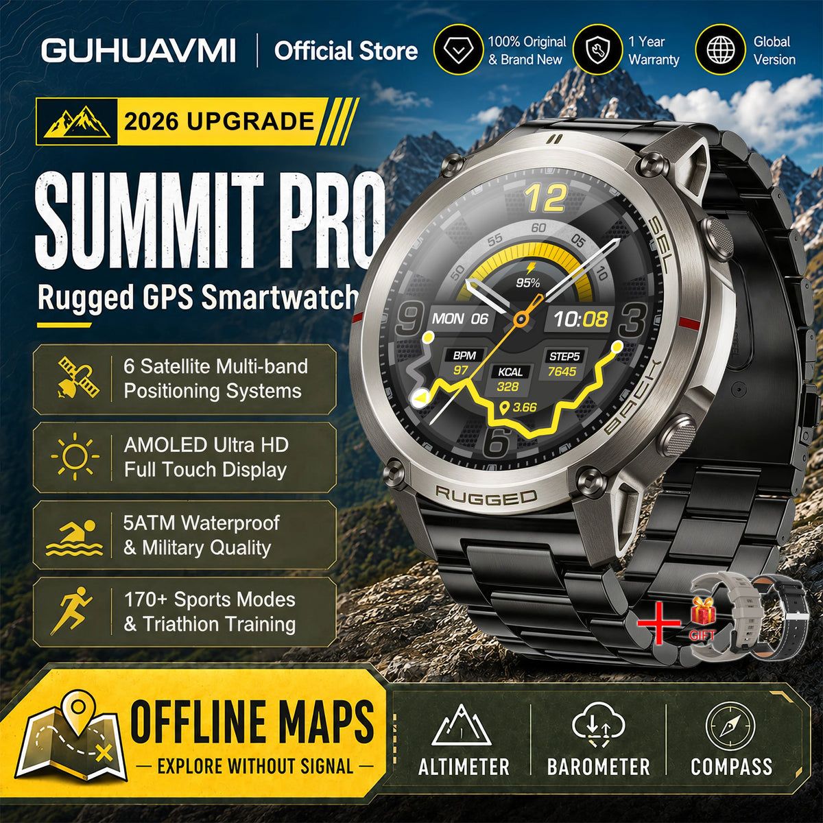 Reloj Inteligente GPS con Mapa Satelital Militar 2026, para Hombre, Pantalla AMOLED de 1.43'', Llamadas Bluetooth, Brújula, Resistente al Agua 5ATM, 170+ Deportes