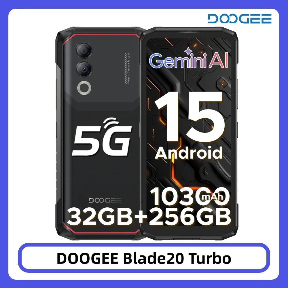 Smartphone ultraresistente DOOGEE Blade20 Turbo 5G, 32 GB, 256 GB, 6,6'' HD+, Dimensity 7050, Android 15, IA Gemini, batería de 10300 mAh, NFC