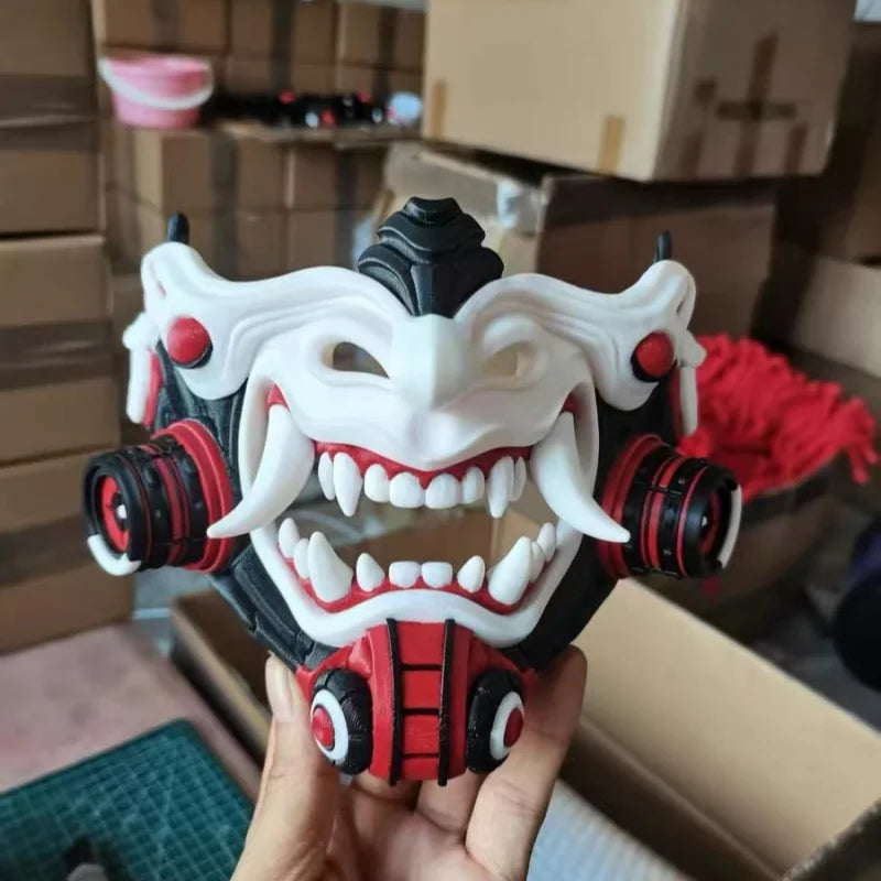 Máscara Genérica de Demonio Oni Cyberpunk para Disfraz de Halloween, Accesorio de Cosplay, Máscara Hannya de Samurai Roja, Blanca y Negra para Fiesta