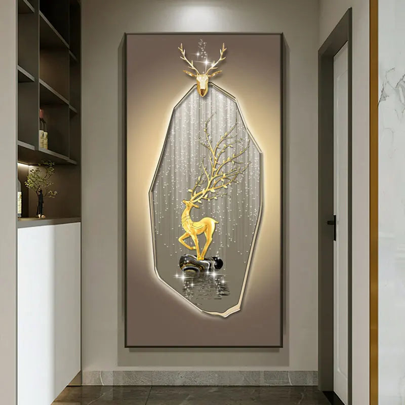 Cuadro decorativo LED con ciervo dorado, marco iluminado y fondo gris brillante