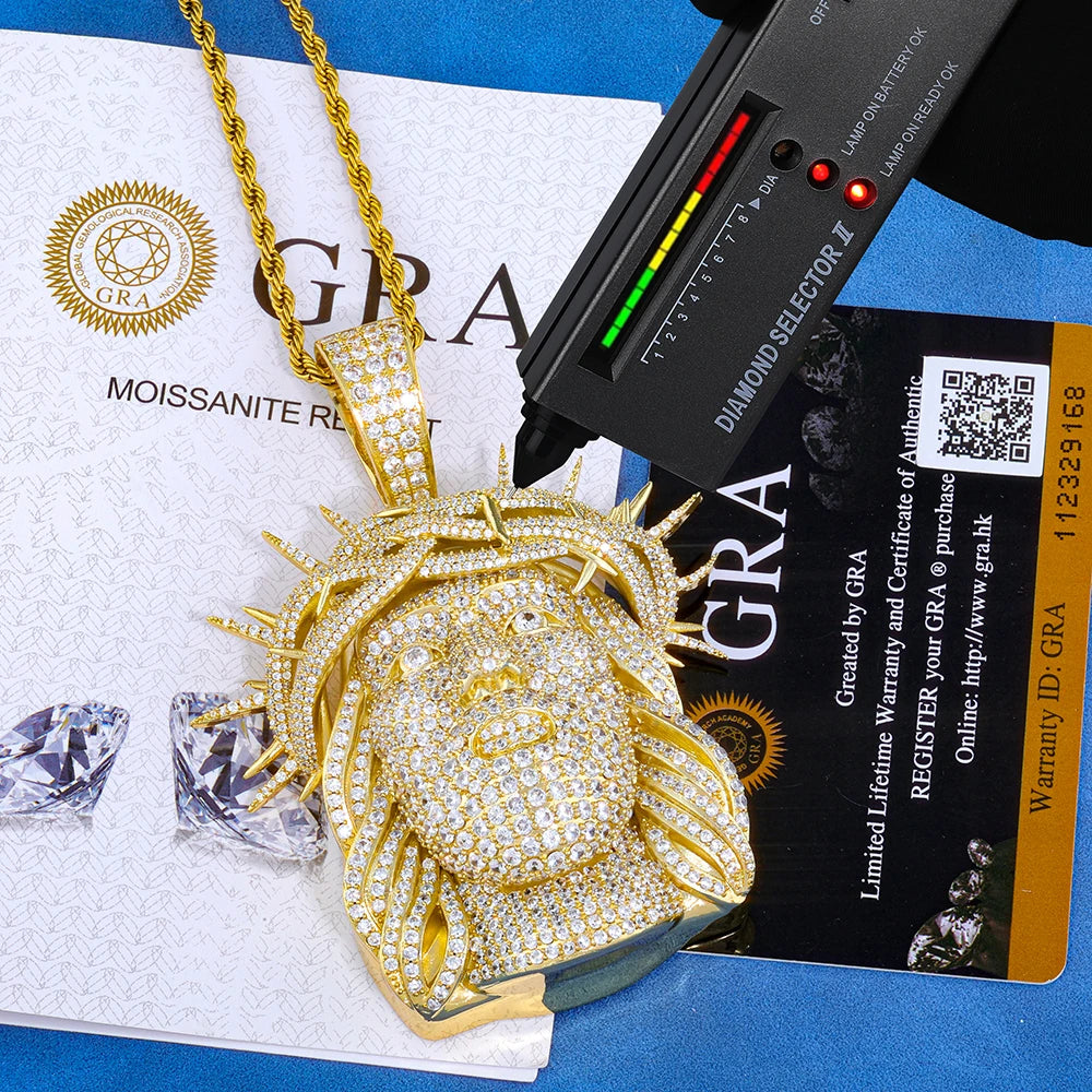 Collar de Joyería Hip Hop Personalizado HHIOK con Colgante de Jesús en Plata de Ley 925 con Incrustaciones de Moissanita VVS, Pasa la Prueba del Diamante