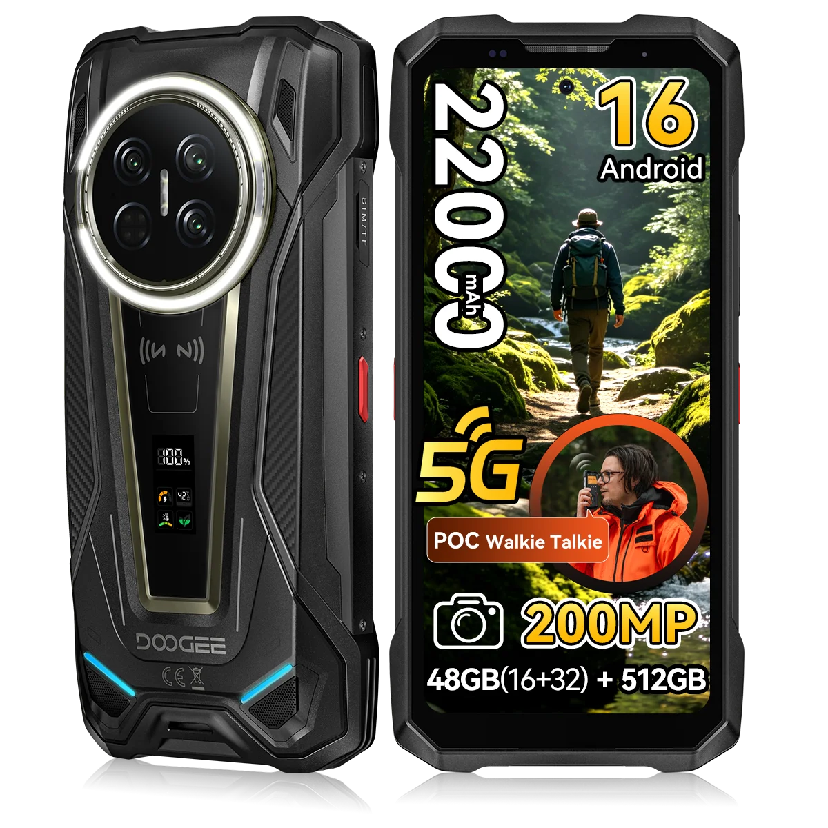 DOOGEE V Max 2 Android 16, teléfono resistente insignia 5G, 6.78", pantalla digital, 48GB(16+32) RAM + 512GB ROM, batería grande de 22000mAh, luces de camping duales, carga súper rápida de 120W