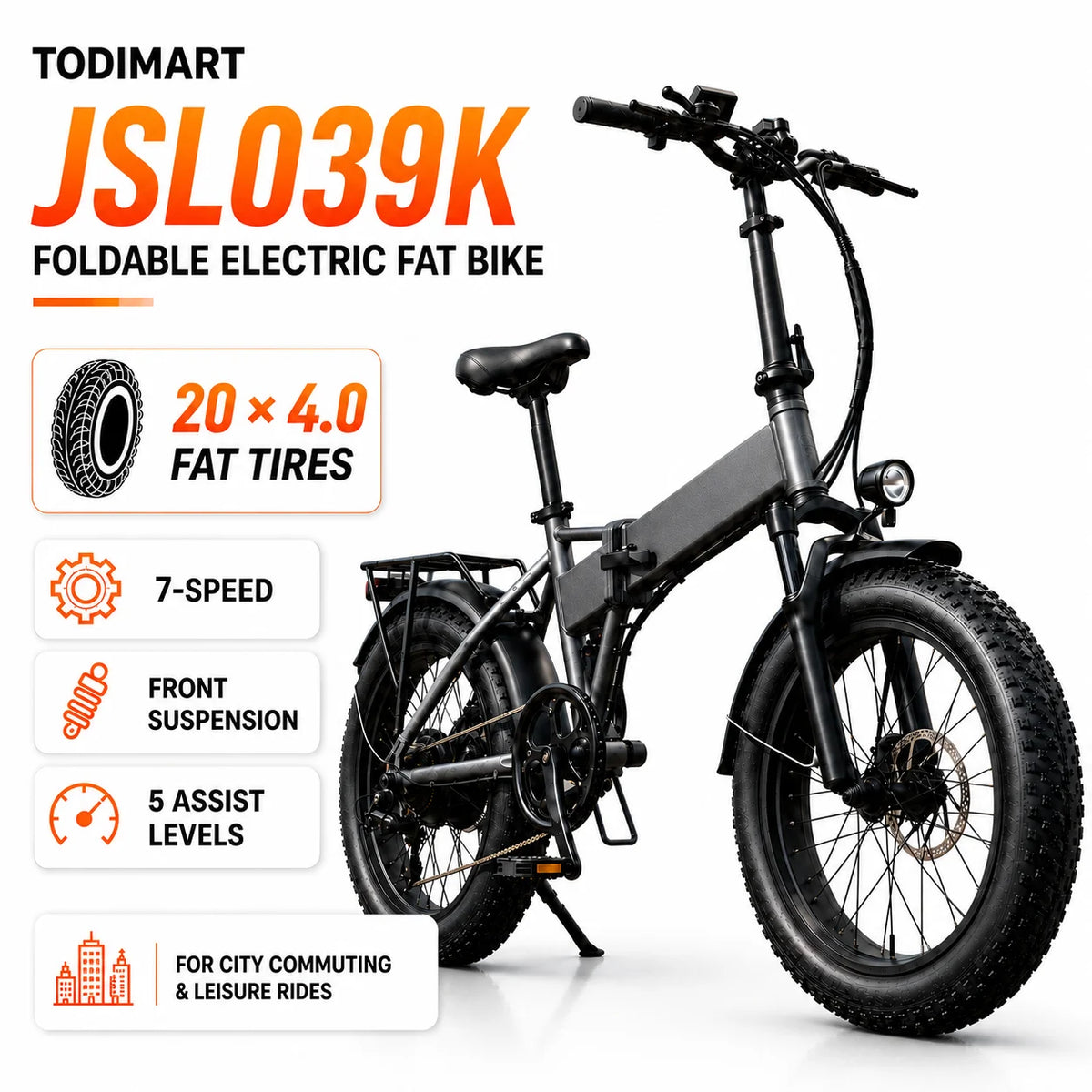 Bicicleta eléctrica plegable TODIMART JSL039K con neumáticos gruesos para adultos, batería de 48V 13Ah, neumáticos de 20x4.0, 7 velocidades, suspensión delantera y frenos de doble disco, bicicleta eléctrica para desplazamiento urbano y todo terreno