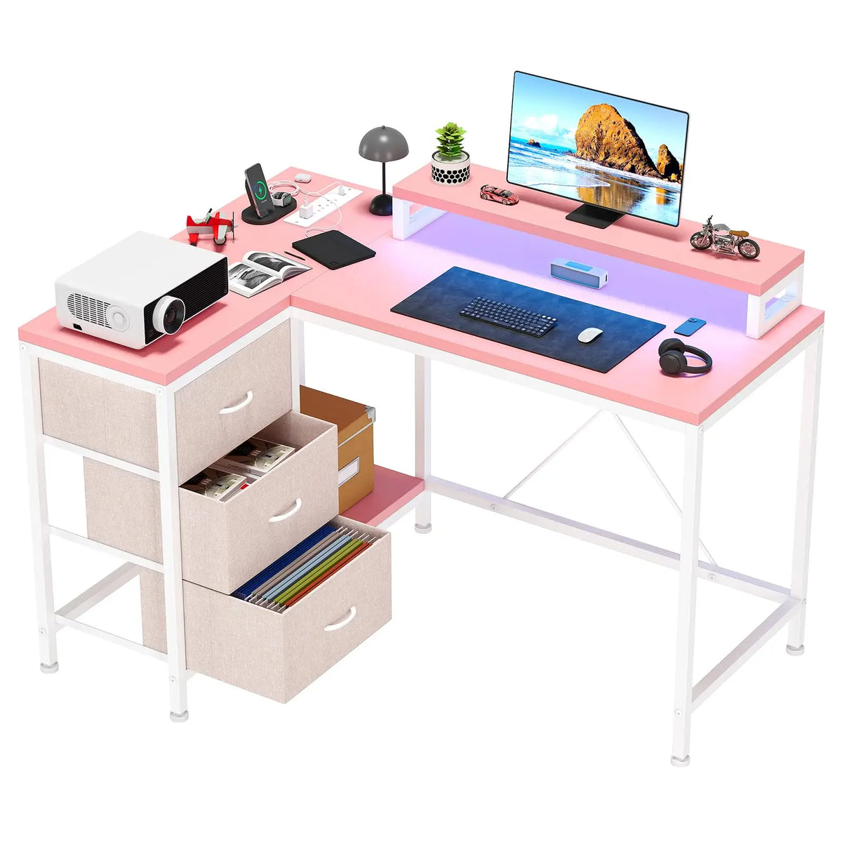 Escritorio gaming en L blanco con cajones, repisa y luz LED rosa en la encimera
