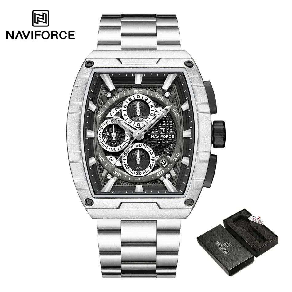 Reloj de cuarzo con cronógrafo para hombre NAVIFORCE, moderno, deportivo, para exteriores, para viajes, original, regalo para hombre, nuevo estilo, diseño Tonneau