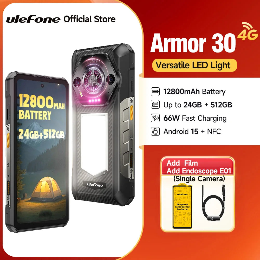 Smartphone Ulefone Armor 30 ultrarresistente, Android 15, 24GB+512GB, LED versátil, NFC, carga rápida de 66W, 12800mAh, altavoz potente, 6,95"