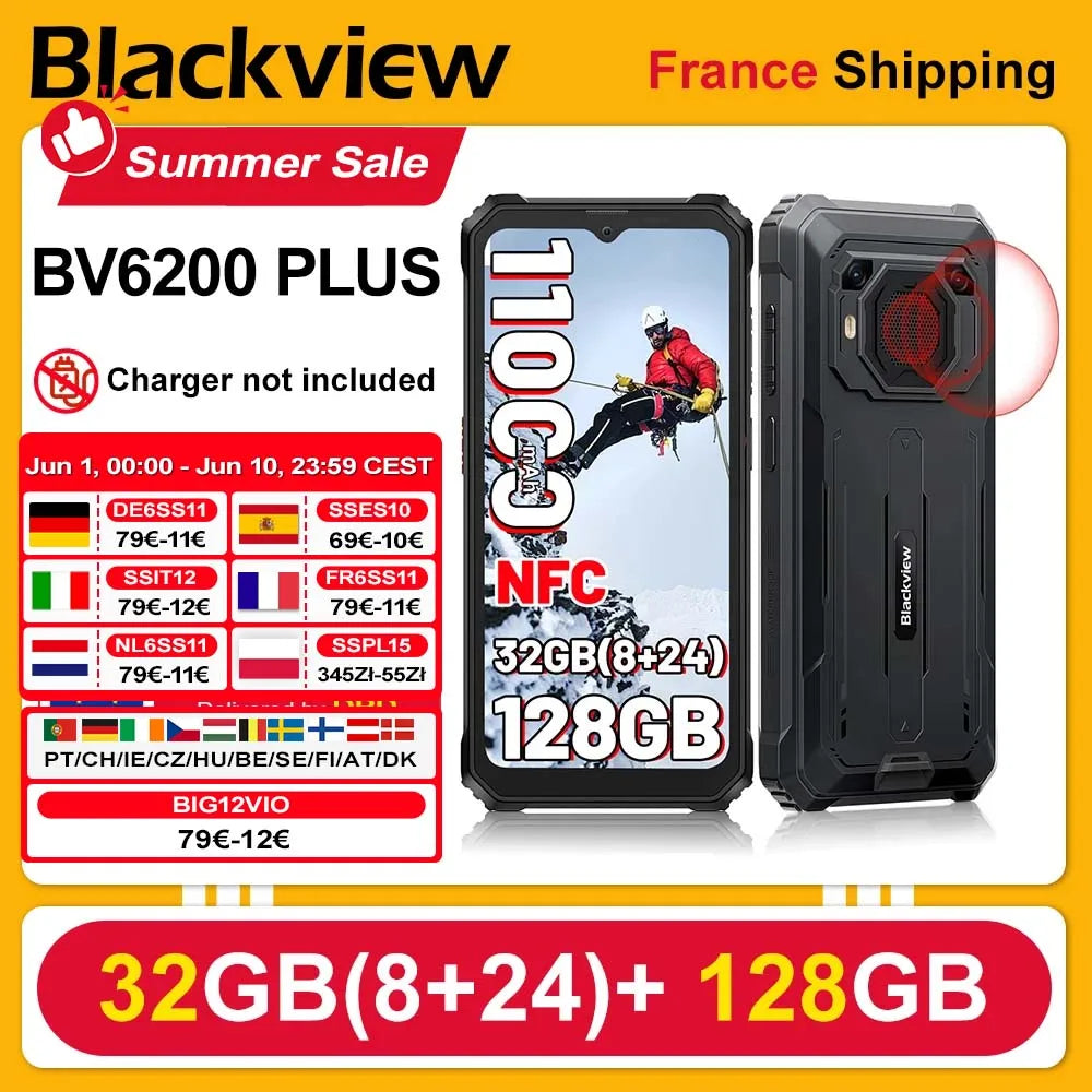 BLACKVIEW BV6200 Plus [Sin cargador UE] Smartphone resistente 32GB(8+24) + 128GB 11000mAh Teléfono móvil Android 15 6.56'' 90Hz NFC