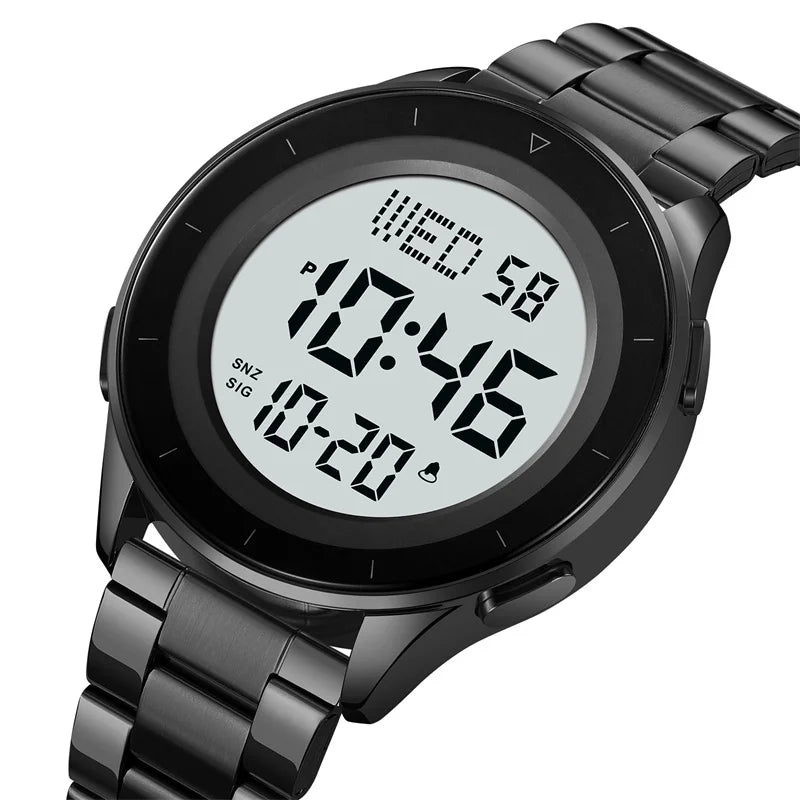 Reloj de pulsera digital LED con doble zona horaria Skmei, correa de acero de lujo, resistente al agua 3Bar, reloj deportivo militar para hombre con alarma