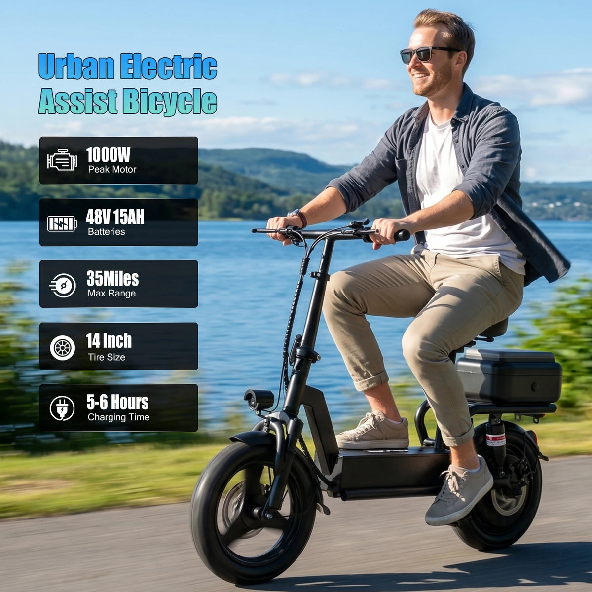 Patinete eléctrico plegable negro con asiento desmontable y caja trasera