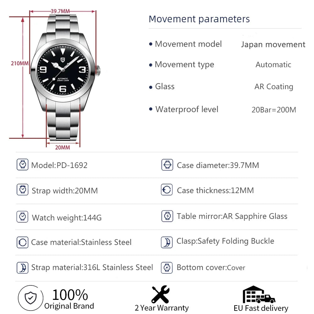 Nuevos relojes mecánicos PAGANI DESIGN de 40 mm para hombre, de lujo, con cristal de zafiro, revestimiento antirreflectante, automáticos, resistentes al agua hasta 20 bares