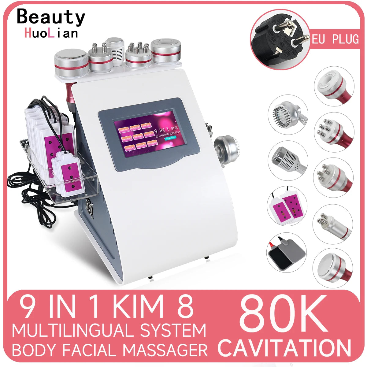 Máquina de Belleza 9 en 1, Nueva, 80K, Cavitación, Vacío, Adelgazamiento, Masaje, Radiofrecuencia RF, Dispositivo de Lifting y Tensado de la Piel del Rostro