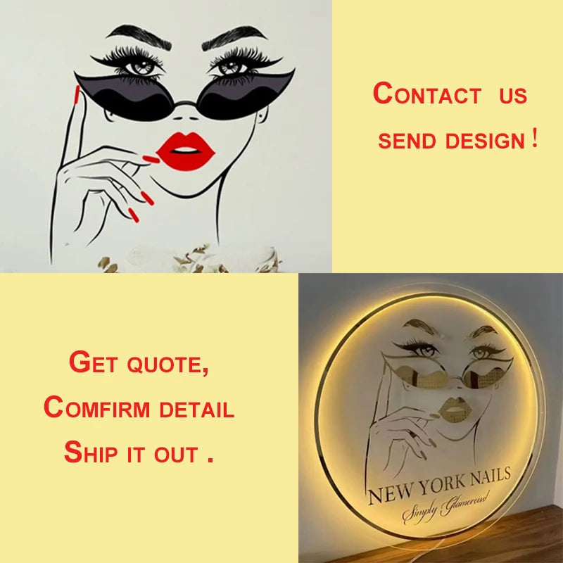 Letrero circular LED de acrílico con ilustración facial y texto «NEW YORK NAILS», luz cálida.