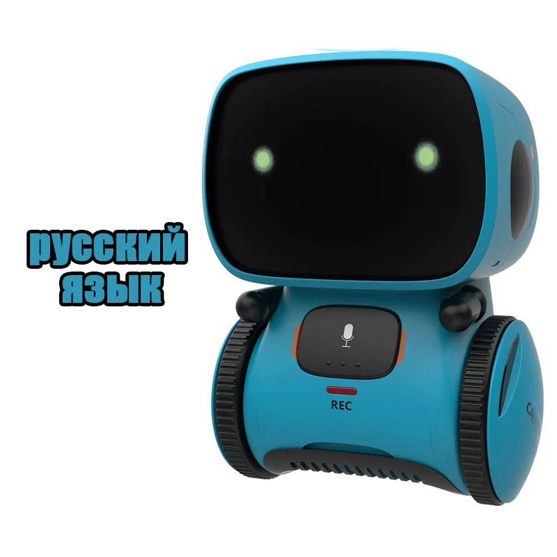 Robot educativo azul con pantalla negra y botones, control táctil y de voz