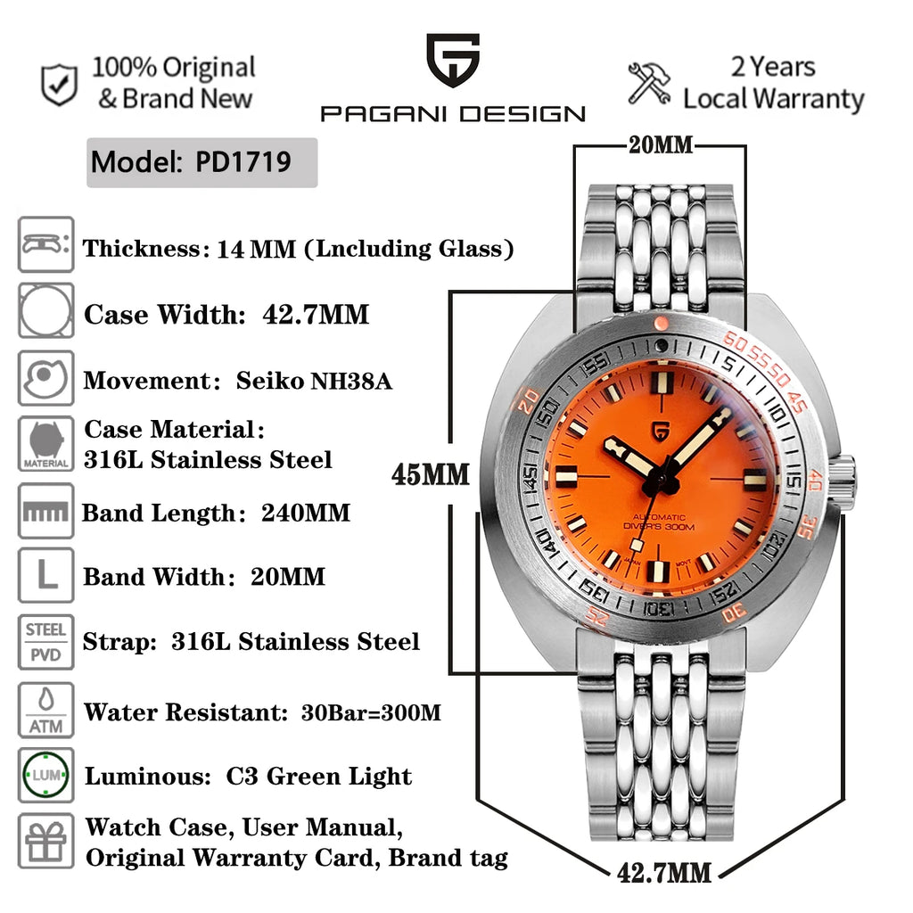 Reloj automático mecánico para hombre PAGANI DESIGN de buceo, movimiento NH38, cristal de zafiro, acero inoxidable, sumergible 300 m, revestimiento AR, modelo PD1719