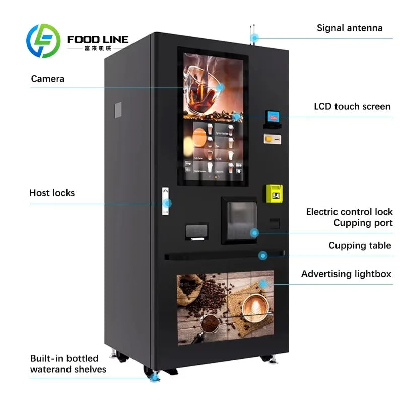 Máquina de café automática negra con pantalla táctil LCD y compartimentos inferiores