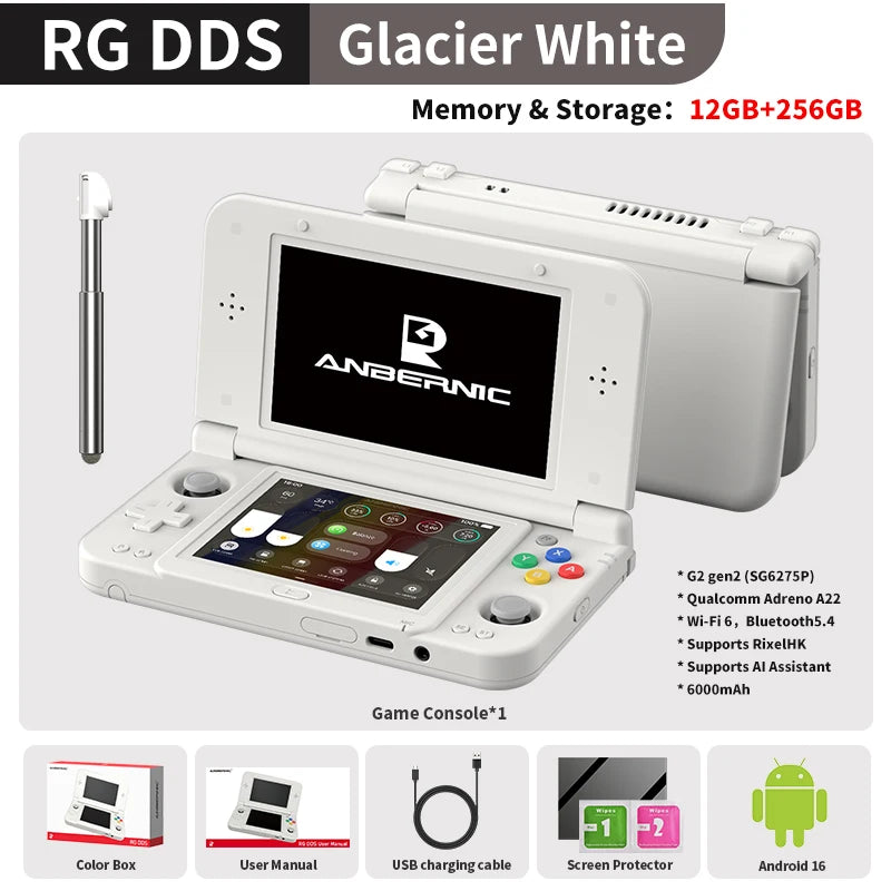 Consola de Juegos Portátil Retro Anbernic RG DDS con Pantalla IPS de 4.7"/4" Doble, Batería de 6000mAh, Android, 16 Juegos, Compatible con Asistente de IA y Streaming