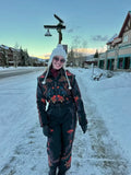Traje de esquí de una sola pieza con estampado floral para mujer, con capucha, acolchado, resistente al viento, cálido, ideal para actividades al aire libre en invierno, conjunto de esquí y snowboard para mujer.