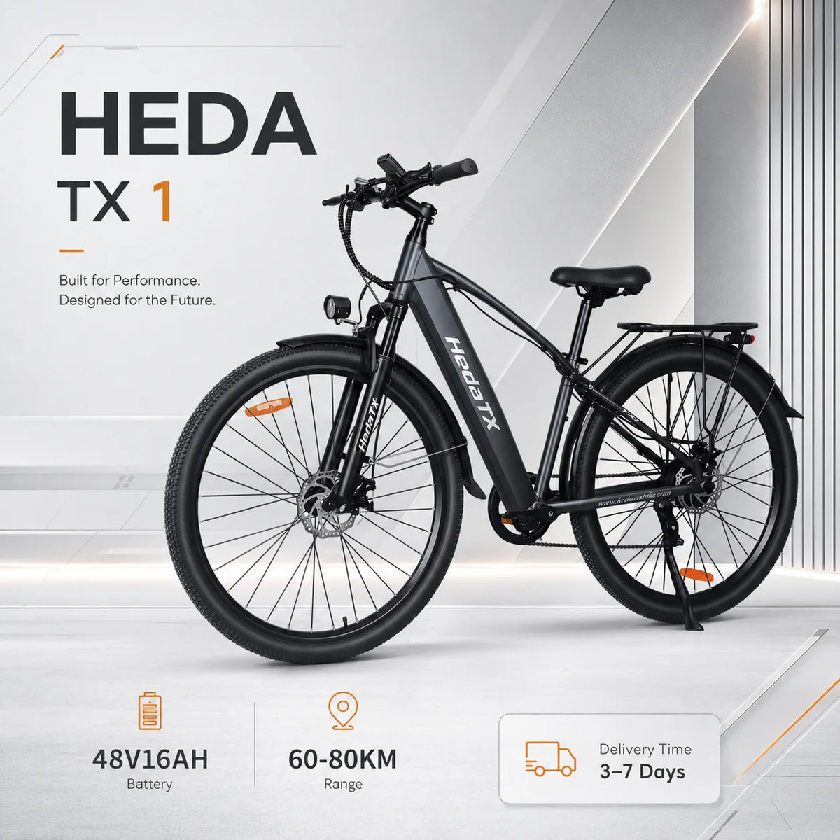 Heda TX1 Adult City Commuter Electric Bike, 29-inch E-bike with speed sensor, 48V 13Ah lithium battery, mechanical disc brakes, full suspension, 7-speed gear system