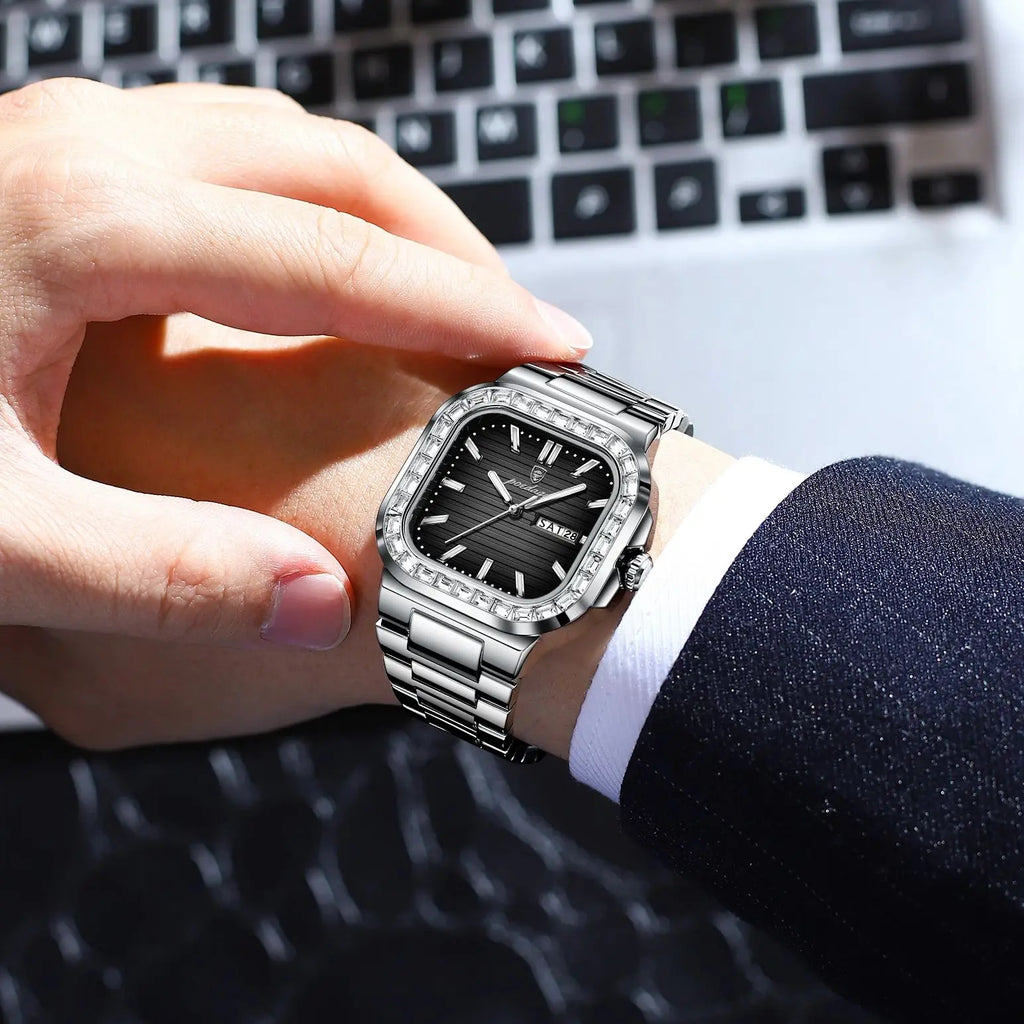 Reloj de cuarzo cuadrado para hombre POEDAGAR, a la moda, con fecha, semana, resistente al agua y luminoso, reloj de pulsera deportivo de lujo en acero inoxidable para hombre