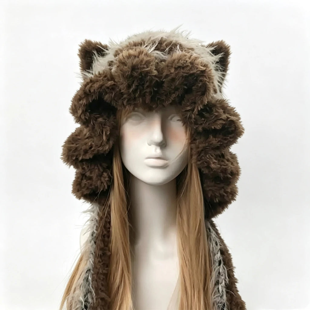Gorro de ganchillo hecho a mano, personalizado, marrón y gris, con orejas de gato, suave y esponjoso, de punto, para mujer y hombre, cálido para invierno, informal, para cosplay, estilo Goblincore, regalo.