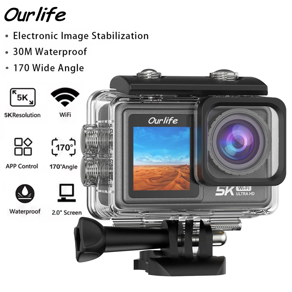 Cámara de Acción Ourlife MTR81 5K30FPS EIS con Pantalla Táctil de 2.0'', Resistente al Agua hasta 30M, WiFi, Zoom 5X, Cámara Deportiva para Casco con Control Remoto
