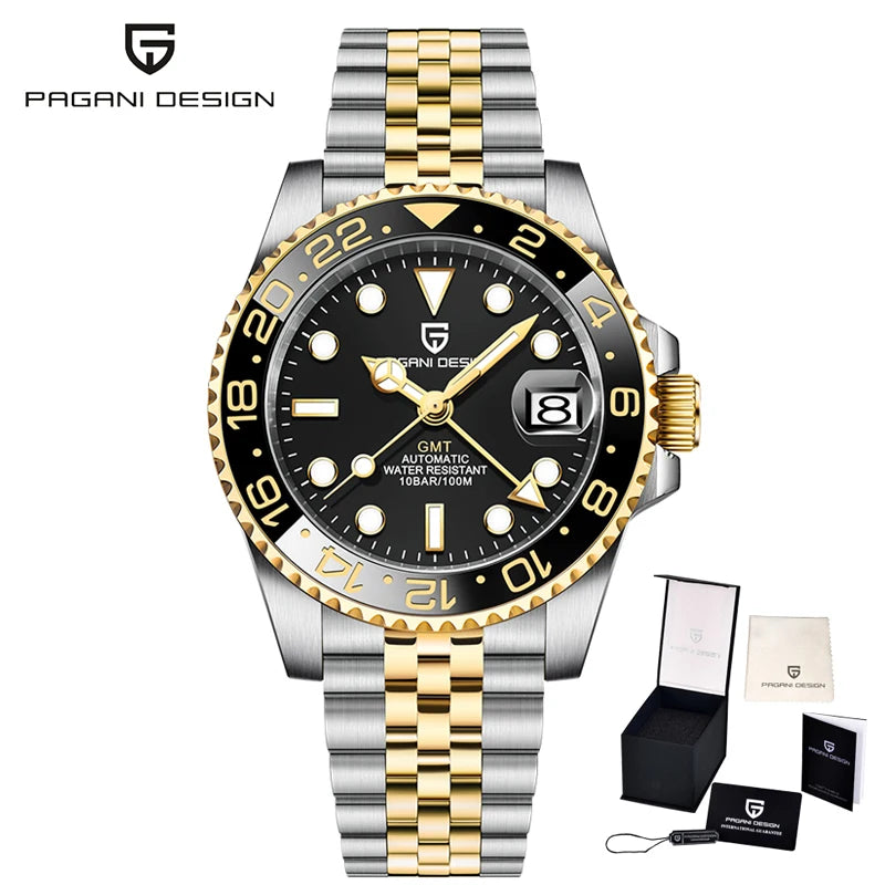 PAGANI DESIGN 40mm Reloj mecánico de lujo para hombre, reloj GMT de acero inoxidable, marca de alta gama, cristal de zafiro, relojes para hombre