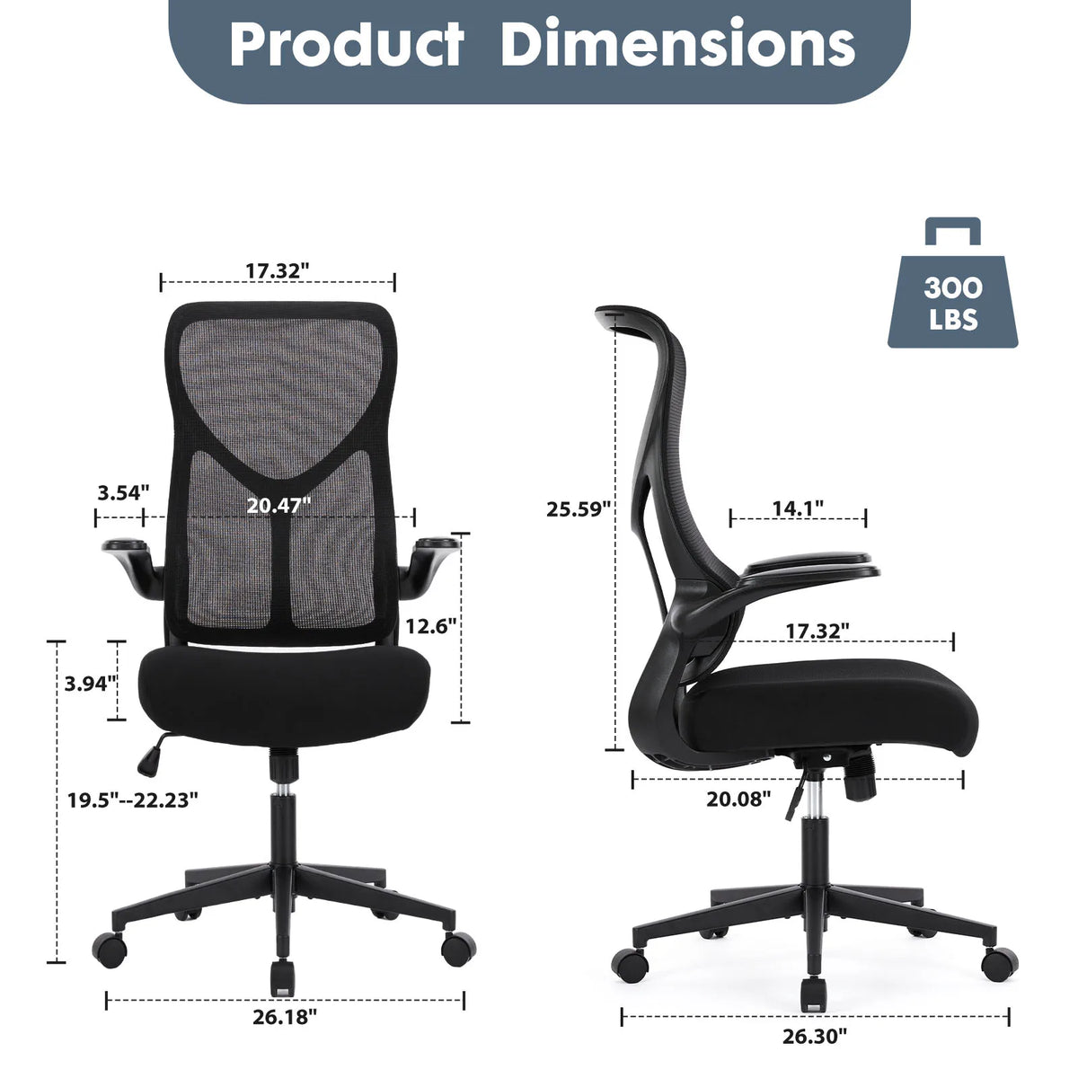 Silla de oficina con medidas: respaldo de malla, asiento negro y base con ruedas