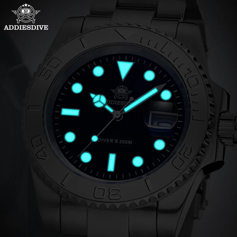Reloj de cuarzo para hombre ADDIESDIVE, resistente al agua 200 m, bisel de cerámica, reloj de acero, cristal con lupa, luminiscencia azul BGW9, reloj de buceo
