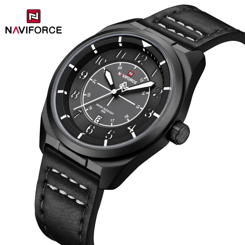 Reloj de pulsera NAVIFORCE para hombre, de cuarzo, elegante, con fecha automática, resistente al agua, de cuero genuino, para negocios, diseño único.