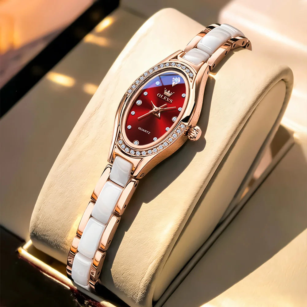 Reloj de cuarzo para mujer OLEVS 7131 con correa de porcelana, resistente al agua 30m, esfera con diamantes exquisitos y diseño elegante de moda