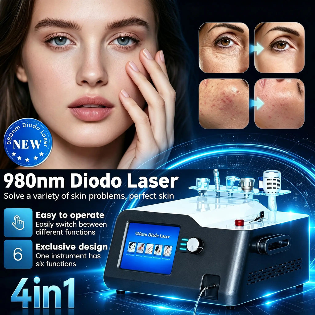 Máquina 4 en 1 con láser de diodo de 980 nm para la eliminación de vasos sanguíneos, la eliminación de hongos en las uñas, el rejuvenecimiento y la regeneración de la piel, y la fisioterapia.