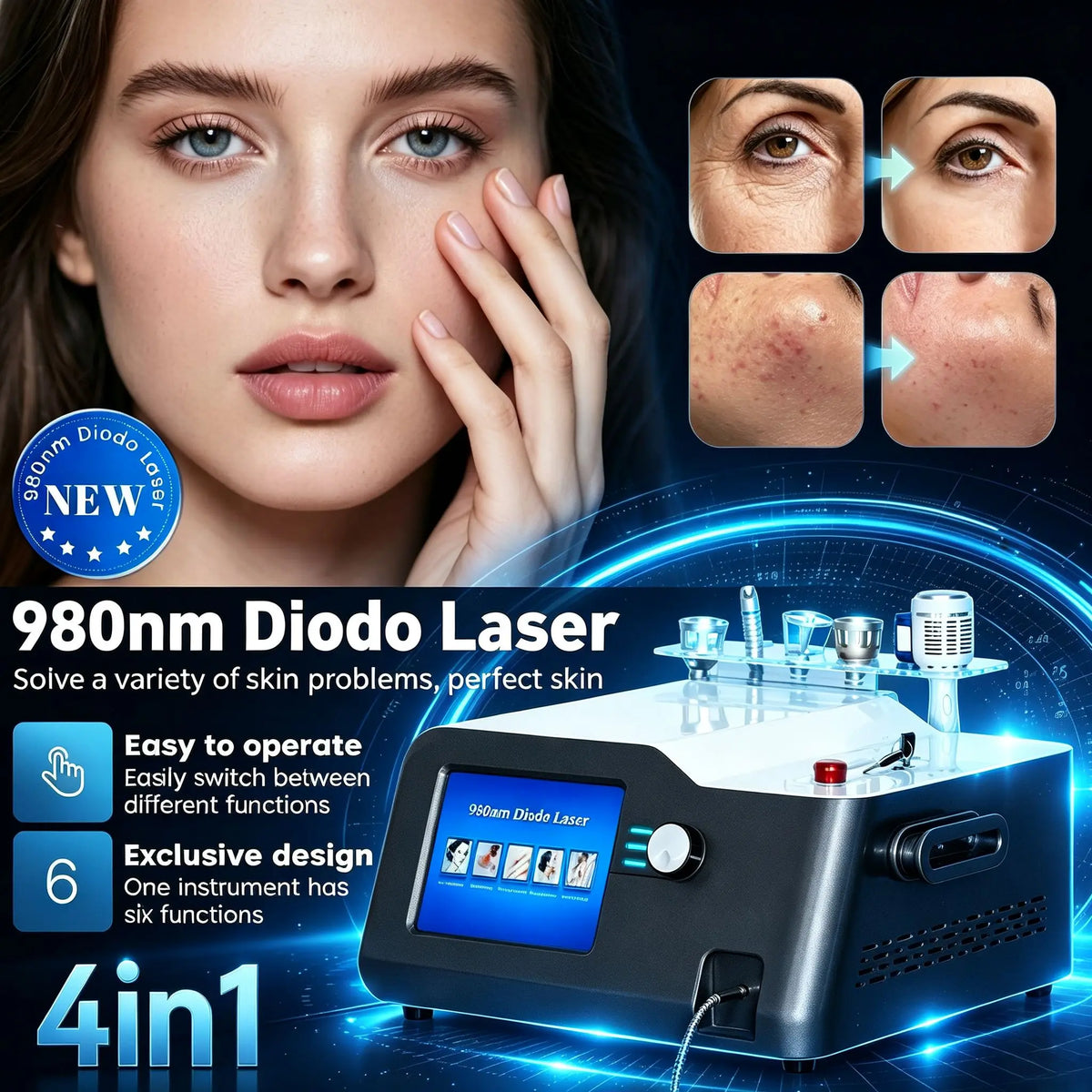 Máquina 4 en 1 con láser de diodo de 980 nm para la eliminación de vasos sanguíneos, la eliminación de hongos en las uñas, el rejuvenecimiento y la regeneración de la piel, y la fisioterapia.