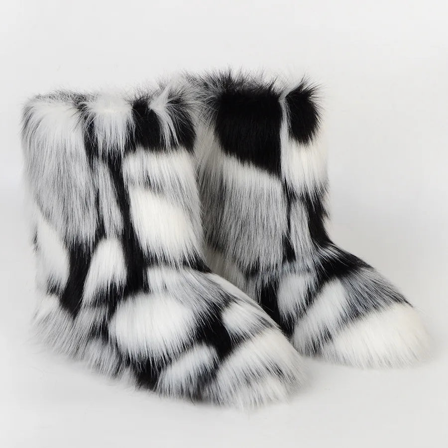 Botas de piel para mujer, botas de nieve de piel sintética peludas y esponjosas de lujo para invierno, botines de plataforma impermeables con cordones, botas de esquí rosas 2024