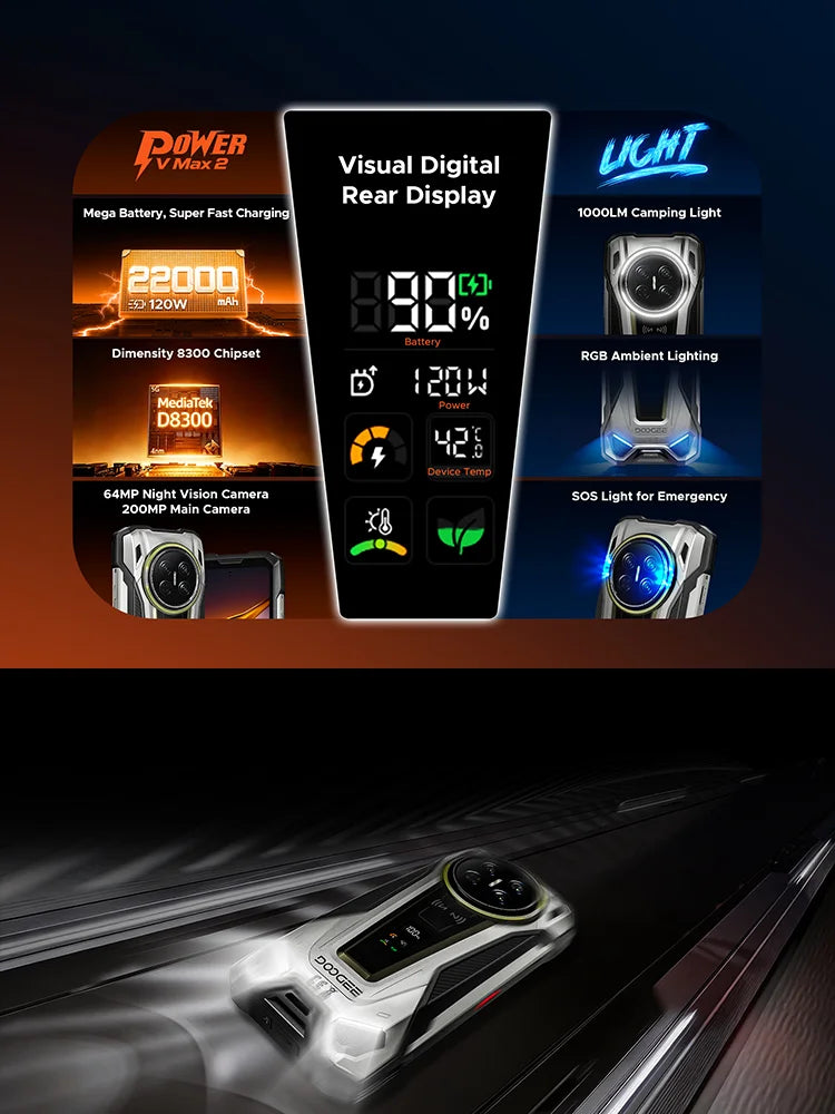 Smartphone ultrarresistente insignia DOOGEE V Max 2 5G, estreno mundial, 6,78", pantalla digital, 48 GB (16+32) de RAM + 512 GB de ROM, gran batería de 22000 mAh, Android 16, luces de camping duales, carga superrápida de 120 W